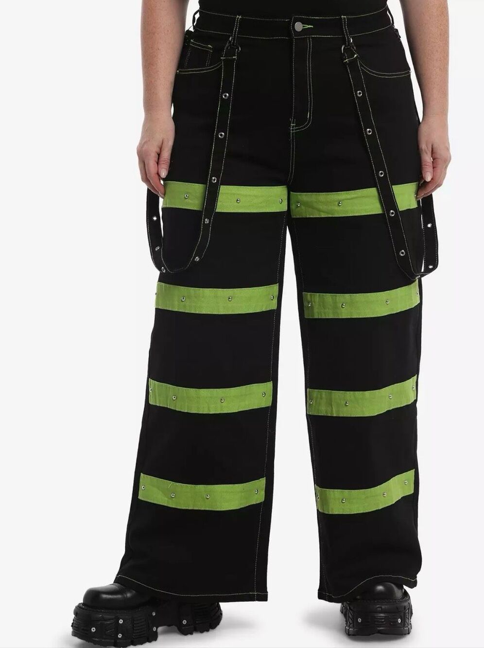 Hot Topic Black & Green Stripe Hardware Suspender Jeans Black Plus Size 2-18/20